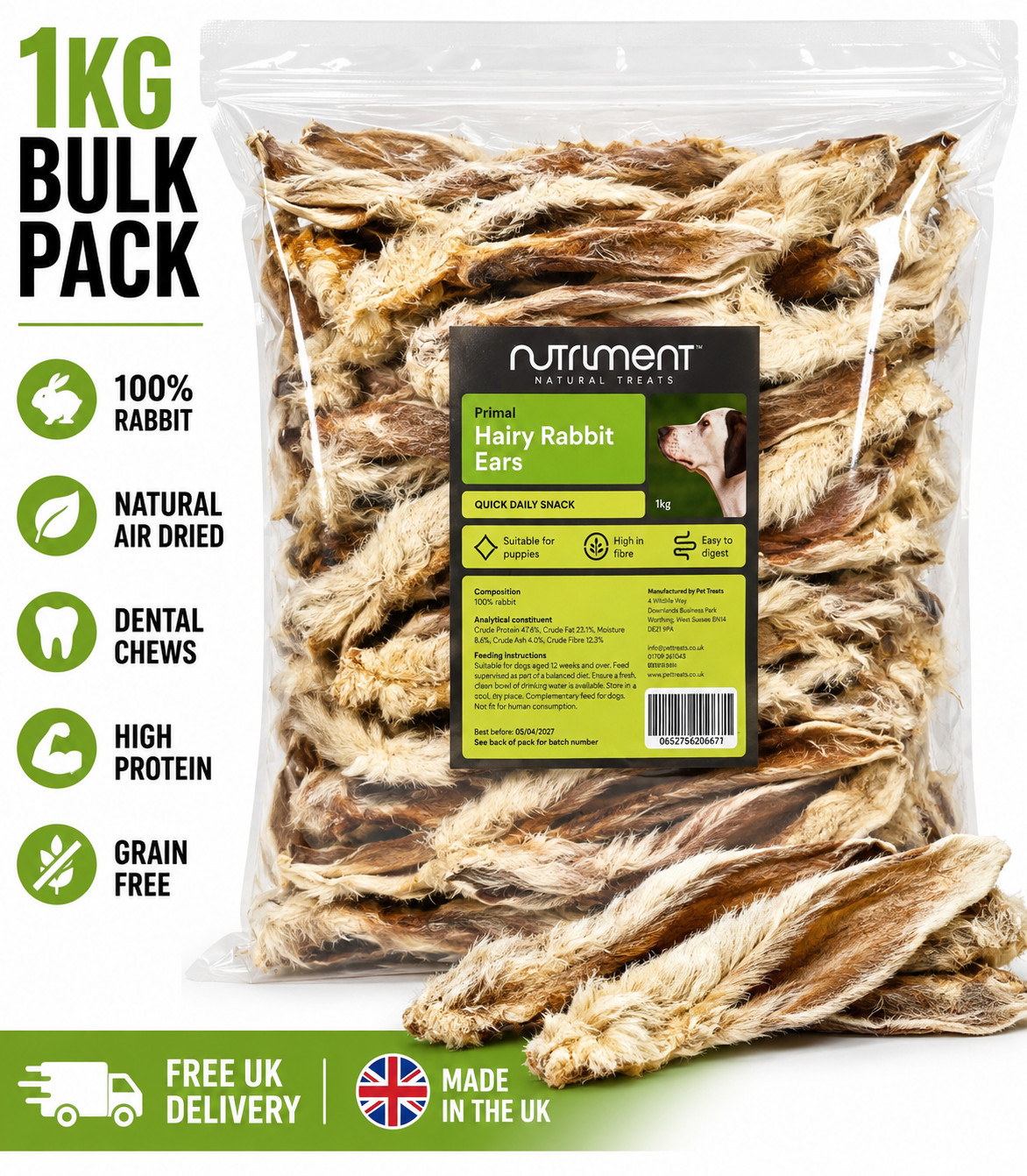 Hairy Rabbit Ears Dog Treats 1kg Natural Air Dried Dental Chews Raw Feed Bulk UK