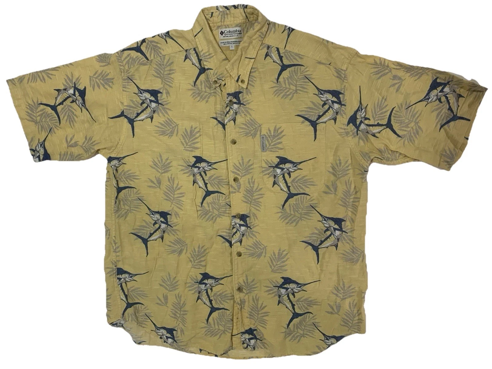 Columbia Mens Hawaiian Shirt Large Yellow Button Up Short Sleeve Shark Trees