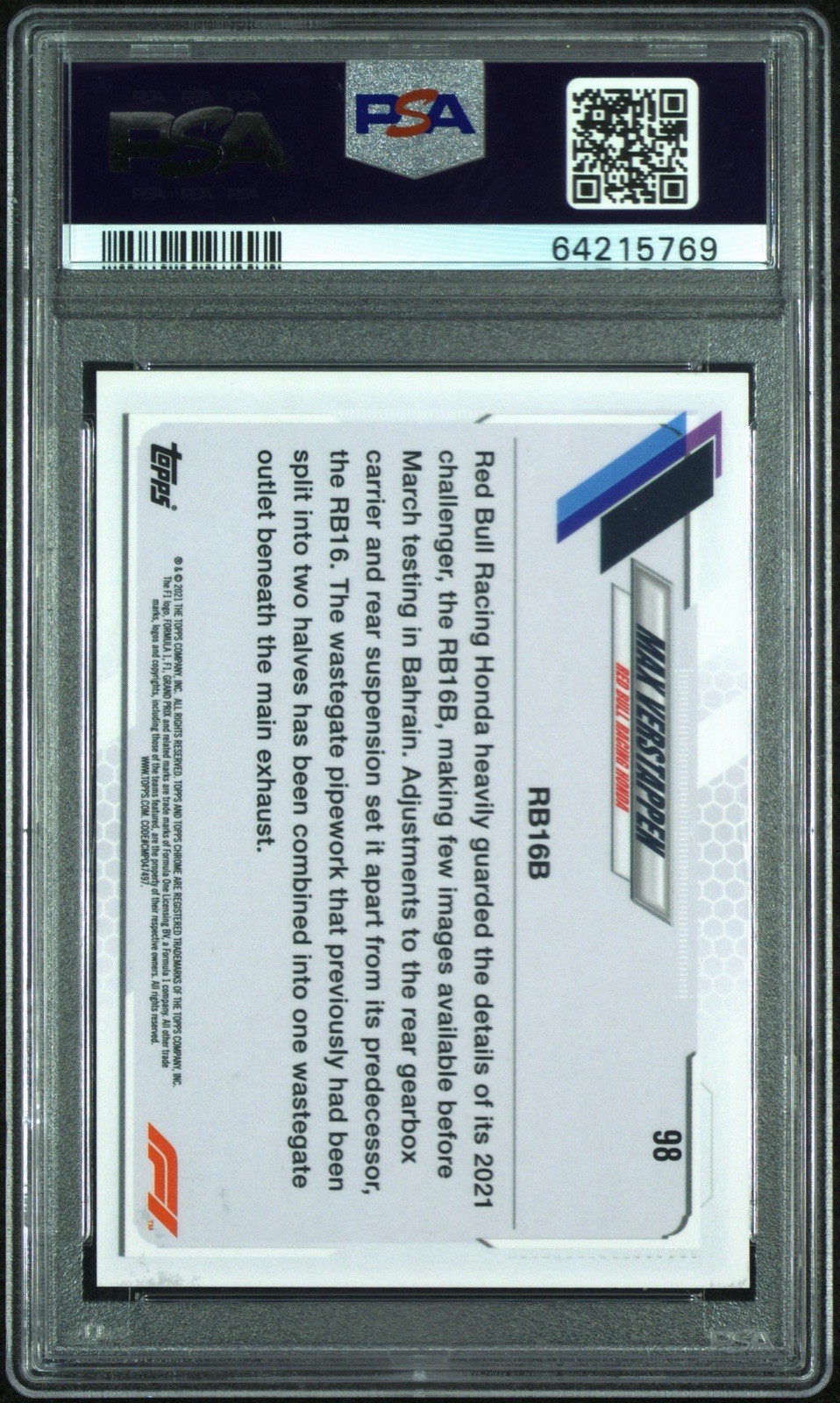 2021 TOPPS CHROME FORMULA 1 CHECKER FLAG REFRACTOR #98 MAX VERSTAPPEN PSA 9 view 2