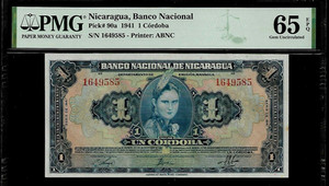 Nicaragua 1 Cordoba 1941 PMG 65 EPQ UNC Pick # 90a Banko Nacional