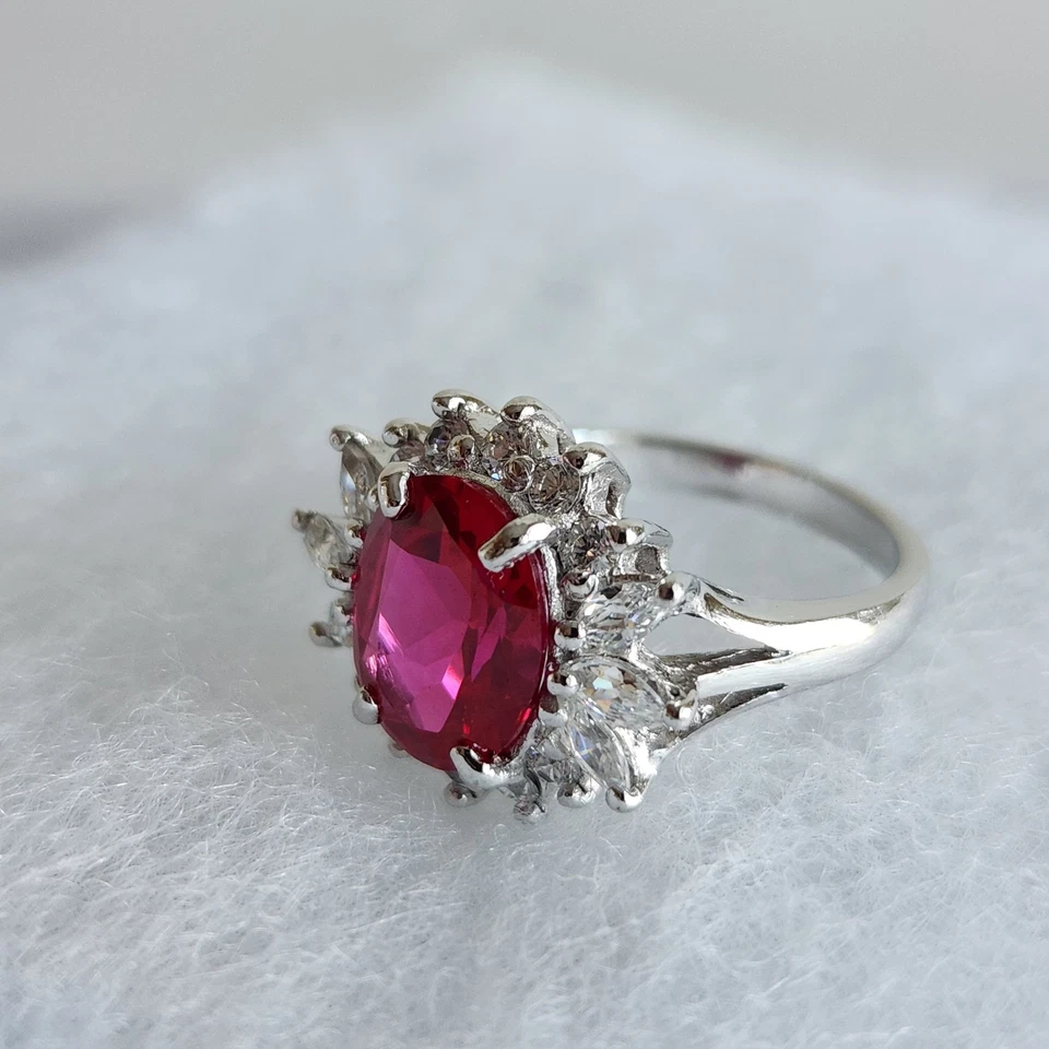 Red Oval Cubic Zircona Statement Ring with Clear Marquise CZ stones Size 6.5 5 g - Image 2 of 4