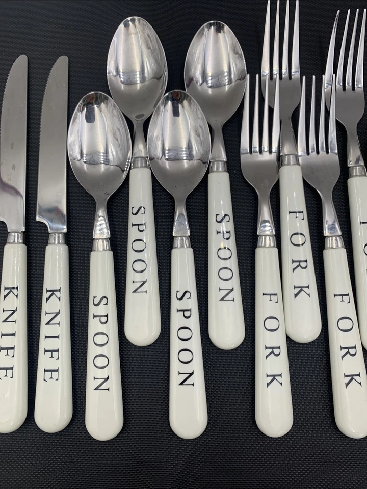 Juego de 16 cubiertos de acero inoxidable Gibson mango de plástico blanco cuchillo tenedor cuchara palabras Foto 3 de 4