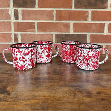 4 pc Red  White Splatter Enamel Metal Camping Coffee Mug Set 12 fl oz Retro