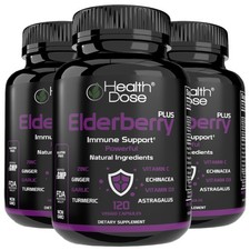 Health Dose Elderberry Plus. Vitamin C, Turmeric and Zinc. 120 Caps. Pack of 3