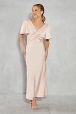 Oasis Womens Bridesmaid Dress Blush Satin Twist Front Angel Sleeve Midi