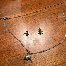 Claire's Silver Dolphin Necklace and Stud Earring Set Beach Summer Jewelry 18in