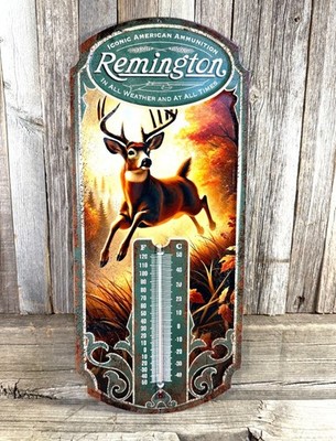 Remington Deer Hunting Gun Ammo Thermometer 17'' Metal Aluminum Sign Garage New