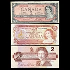 Canada 1954 1974 1986 Two 2 Dollar Paper Money Banknotes Very Used Beginners Set