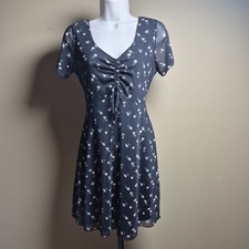 Hollister Black Floral Mesh Mini Dress Cinched Bust Smocked Back Small