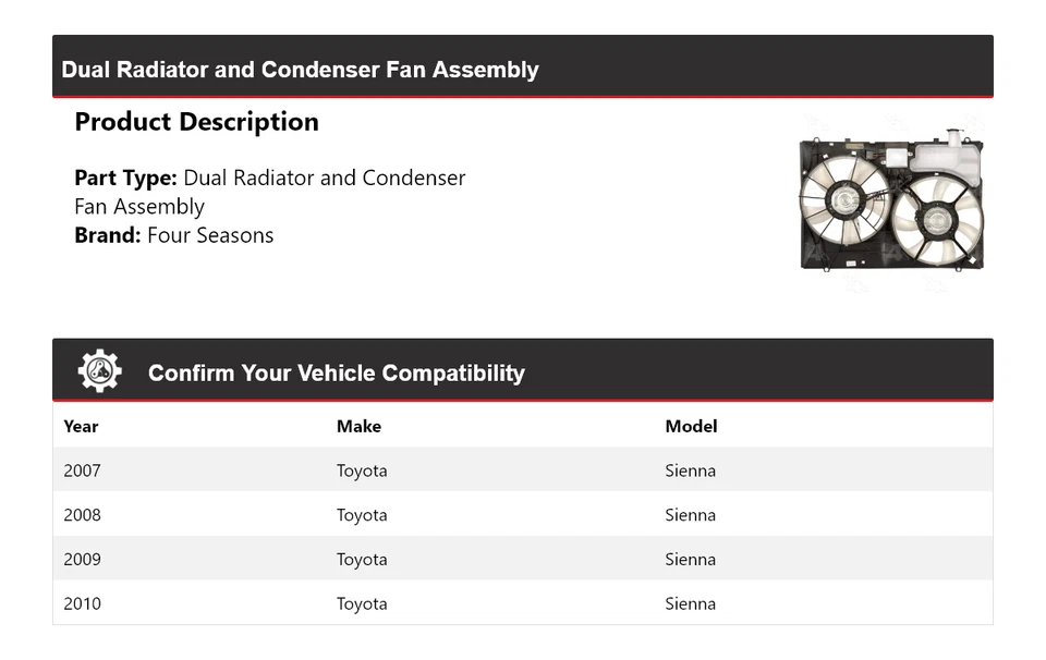 For 2007-2010 Toyota Sienna Dual Radiator and Condenser Fan Assembly 4 Seasons - Image 2 of 4