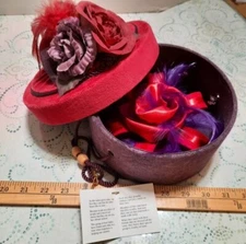 Purple & Red Hat Society Box w Flowers and Large Hair Accessory Clip w Feathers