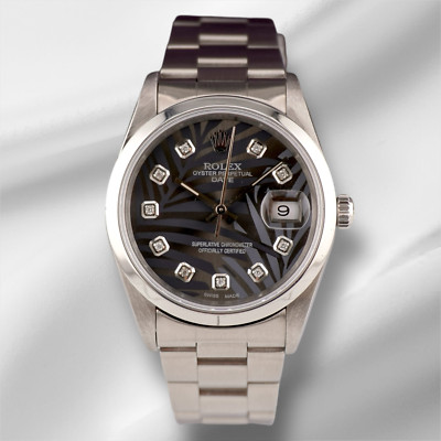 Rolex Date 34mm Damen Grau Palm Diamant Zifferblatt Auster Stahl Uhr 15010