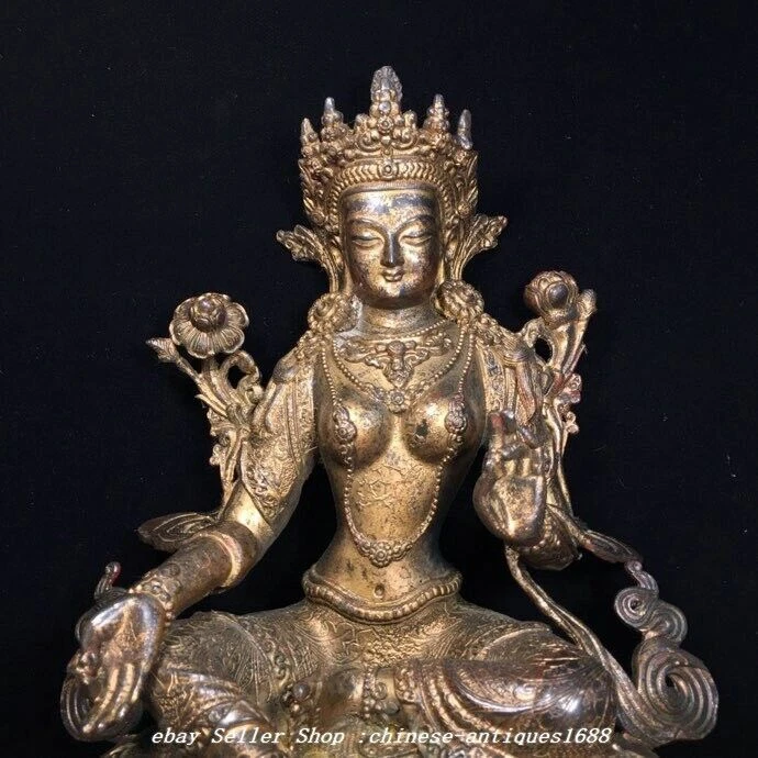 Estatua de Buda Diosa Tara Guanyin Kwanyin Verde Cobre Puro Tíbet Antiguo 11,6" Foto 2 de 4