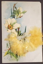 Artist Postcard Embossed Flowers Add-On Feathers and Paint Postmarked Stamped