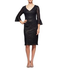 ALEX EVENINGS 12P Navy/Gold Illusion V-neck Bell Sleeve Dress NWT 189