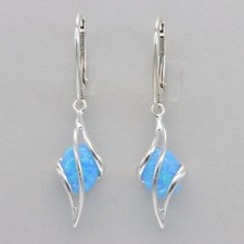 Oval Blue FIRE OPAL Dangle Swirl Earrings - 925 STERLING SILVER Leverback 2006e