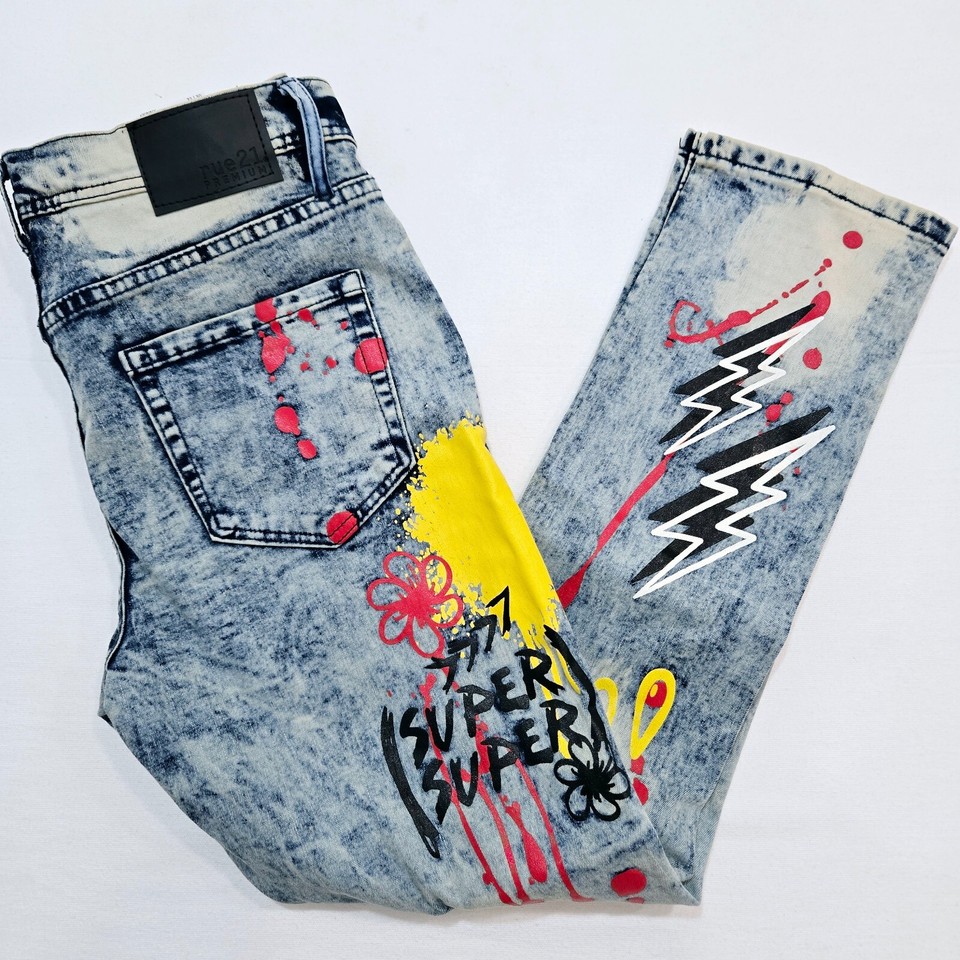 Rue 21 Premium Men's Jeans Blue Design Patch Distressed Skinny Fit
