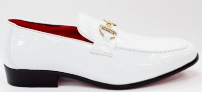 Men's After MIdnight Gold Buckle White Patent Leather Tuxedo Dress Loafers 7012