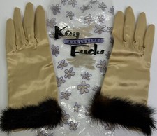 NEW Kay Fuchs Gold Stretch Gloves Rhinestone Button Mink Trim Cuff Size M VTG