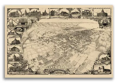 Santa Barbara California 1898 Historic Panoramic Town Map - 16x24
