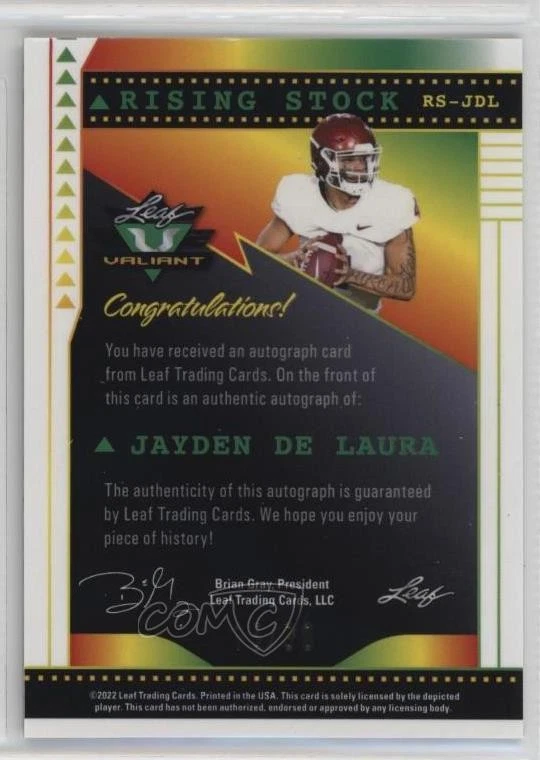2022 Leaf Valiant Rising Stock Green Crystals /30 Jayden De Laura #RS-JDL Auto - Image 2 of 2