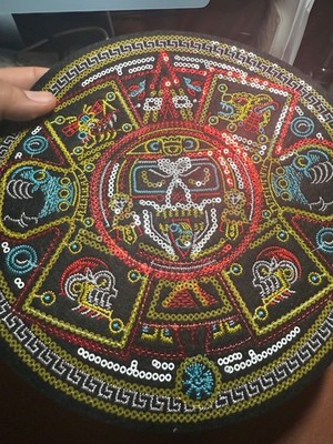 Large Back Patch color Aztec Calendar Tonatiuh Sun God, 9'', Sequins, Mexico #28