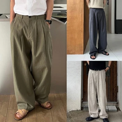 Herren Leinen Polyester Weites Bein Gerade Hose Japanisch Drapiert Leger Passfor - Bild 1 von 4
