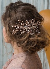 Wedding Bridal Bridesmaid Pink Champagne Pearl Beads Rose Gold Hair Comb Updo...