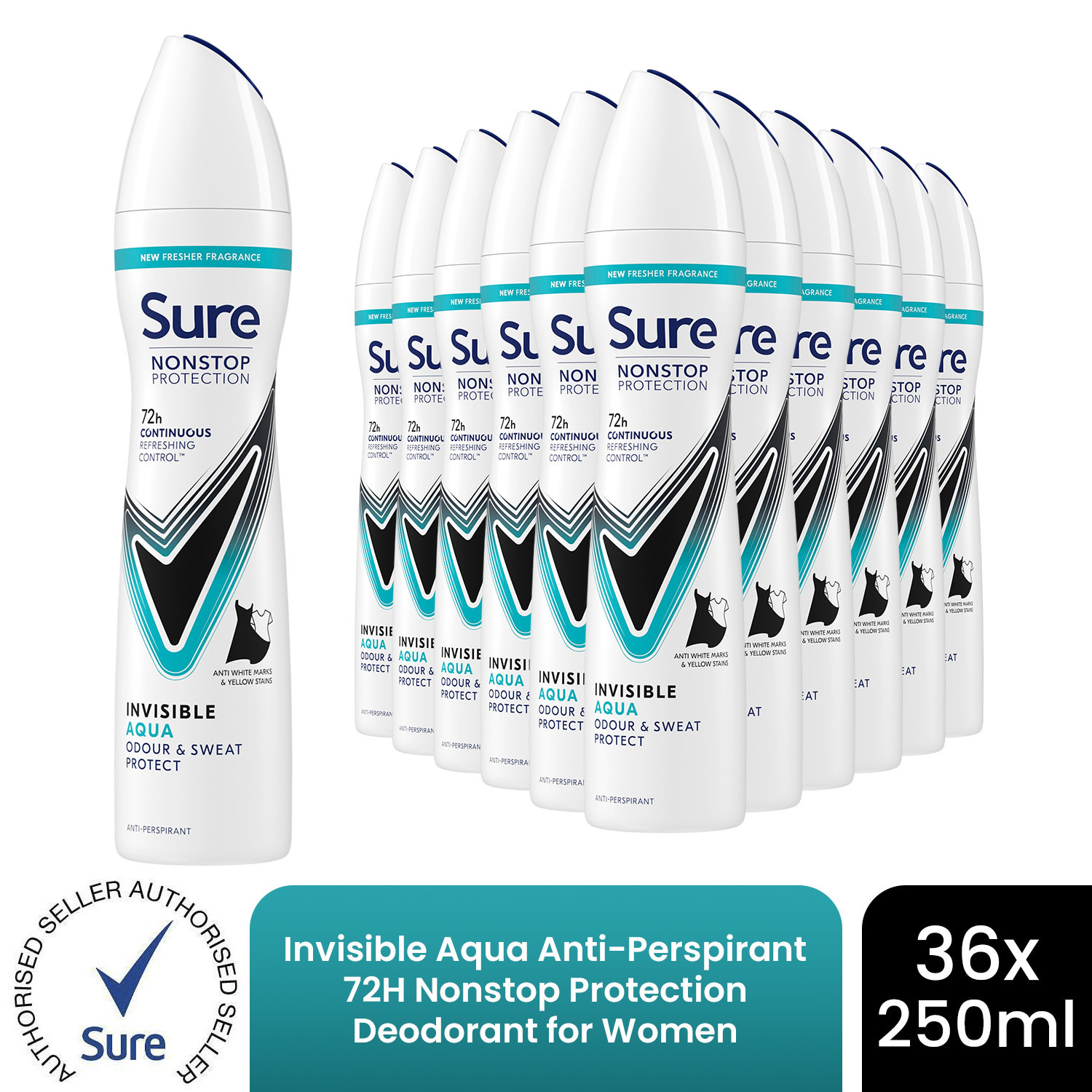 Sure Women Nonstop Protection Invisible Aqua Deodorant Body Spray Antiperspirant with body heat activated technology & white mark protection for 72 hour odour and sweat protection 250 ml, Pack of 6 - Image 4