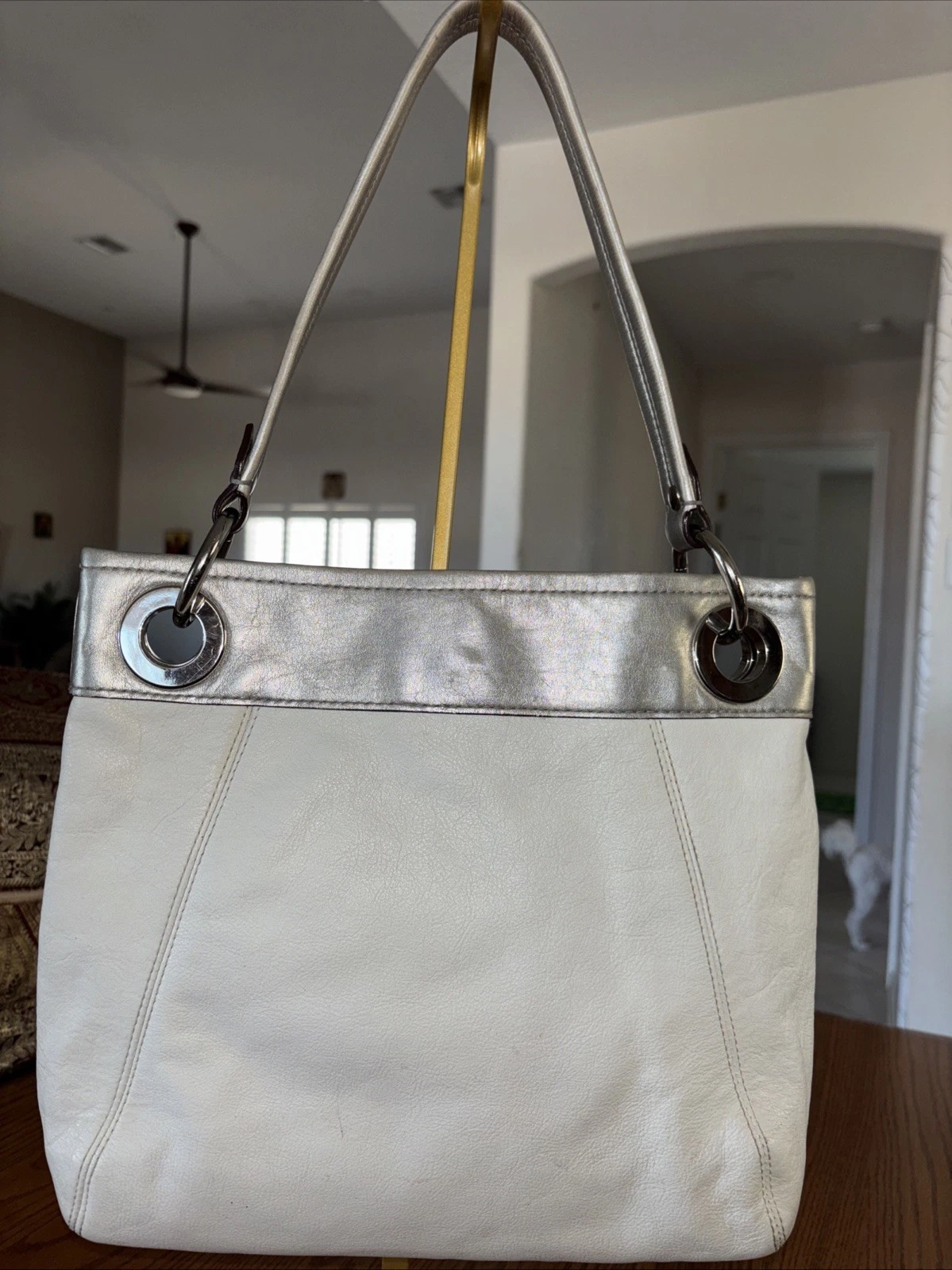 Coach F17605 Ashley borsa hippie in pelle borsa a tracolla bianca argento tracolla