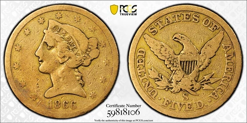 1866-S $5 No Motto Gold Liberty PCGS VG10 Gold Half Eagle 59818106