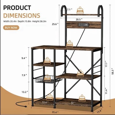 Walsunny Kitchen Bakers Rack Shelf, Standing Coffee Bar with Power Outlet Switch