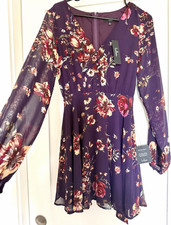 Lulus Purple Chiffon Floral Mini Fit & Flare Dress V Neck Balloon Sleeve M