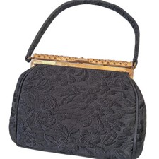 Vtg 1960 Black Tapestry Evening Bag Gold Tone Beaded Frame Lift Lock Top Handle