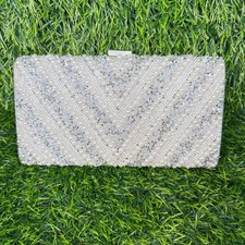Evening Clutch Womens OS Silver Excellent Pearl Rhinestone Chevron Bag