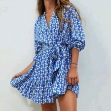 Zara The Paula Dress Blue White Print Ruffle Mini Dress Size M