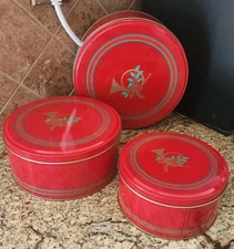 Vintage Red Christmas Metal Cookie Tin Containers Three Nesting Sizes