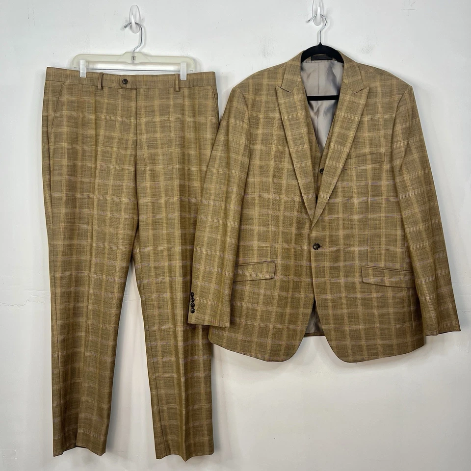 Vitali Men 3PC Vested Suit 46L Pants 40x32.5 Plaid Rust Peak Lapel Flat Front - Image 2 of 4