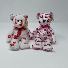 Beanie Babies Set of Two Vintage White Lips Kisses Bears Plush Stuffed Animals