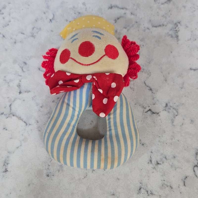 Vintage Eden Toys Clown Ring Rattle Plush Blue White Striped 1980s Baby Toy