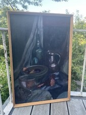 Large Original Vintage Still Life Oil Painting Framed Blues Bottle Huge Acrylic