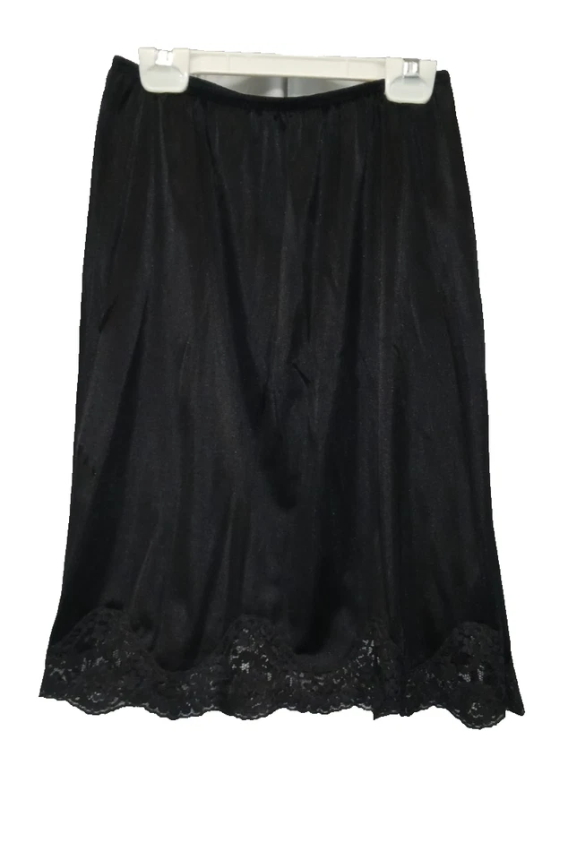 复古短半懒人 S 码黑色花边装饰 22 英寸长尼龙 1 开衩衬裙 — 第 2/4 张图片