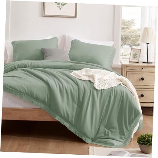 Comforter Set 3 Pieces Boho Tassel Bedding Comforter Set for Queen Sage Green-image