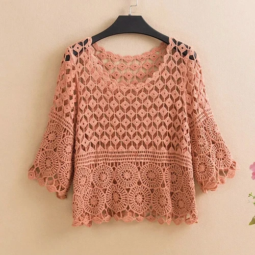 Women's Crochet Crop Top Hollow Pullover Summer concealer- - Bild 35 von 35