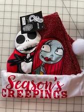 NIGHTMARE BEFORE CHRISTMAS JACK SKELLINGTON & SALLY RED SHINY SANTA HAT - NWT
