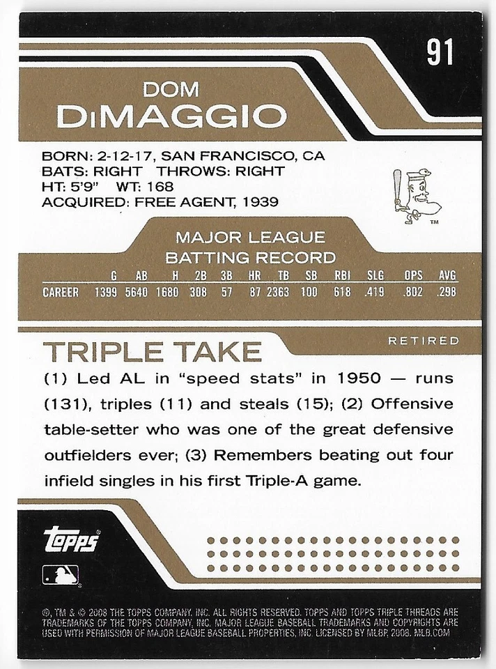 2008 Topps Triple Threads Gold #91 Dom DiMaggio /99 Boston Red Sox Parallel Card - Image 2 of 2