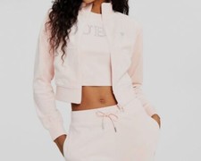 Guess Women's Pink Couture Embellished Full-Zip Cropped Sweatshirt Size M