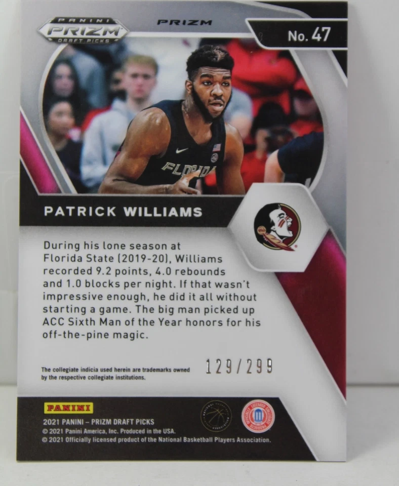 Patrick Williams 2021 Prizm Draft Picks /299 Red Prizm 2nd Year Holo Card #47 - Image 3 of 4