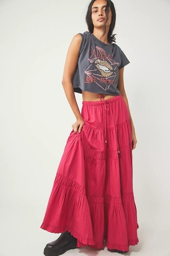 ~*RARE $98 NWT free people COCO CONVERTIBLE red pink tier ruffle dress SKIRT S*~