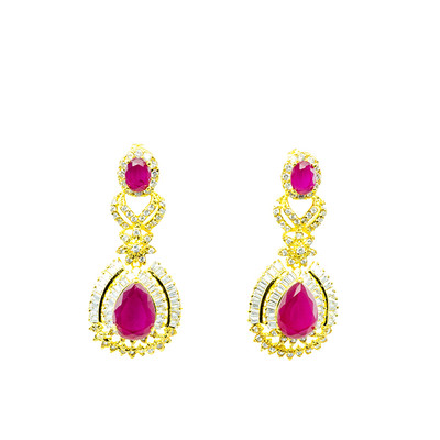 GOLD PLATED LUXURY EARRINGS PIN RUBY DROP ROUND WITH WHITE CZ 24K ...